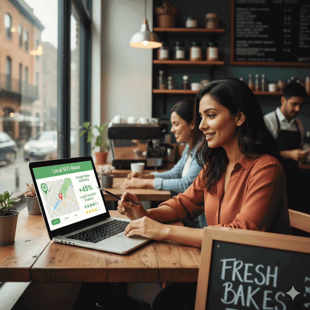 Small business owner using local SEO optimization strategies on laptop