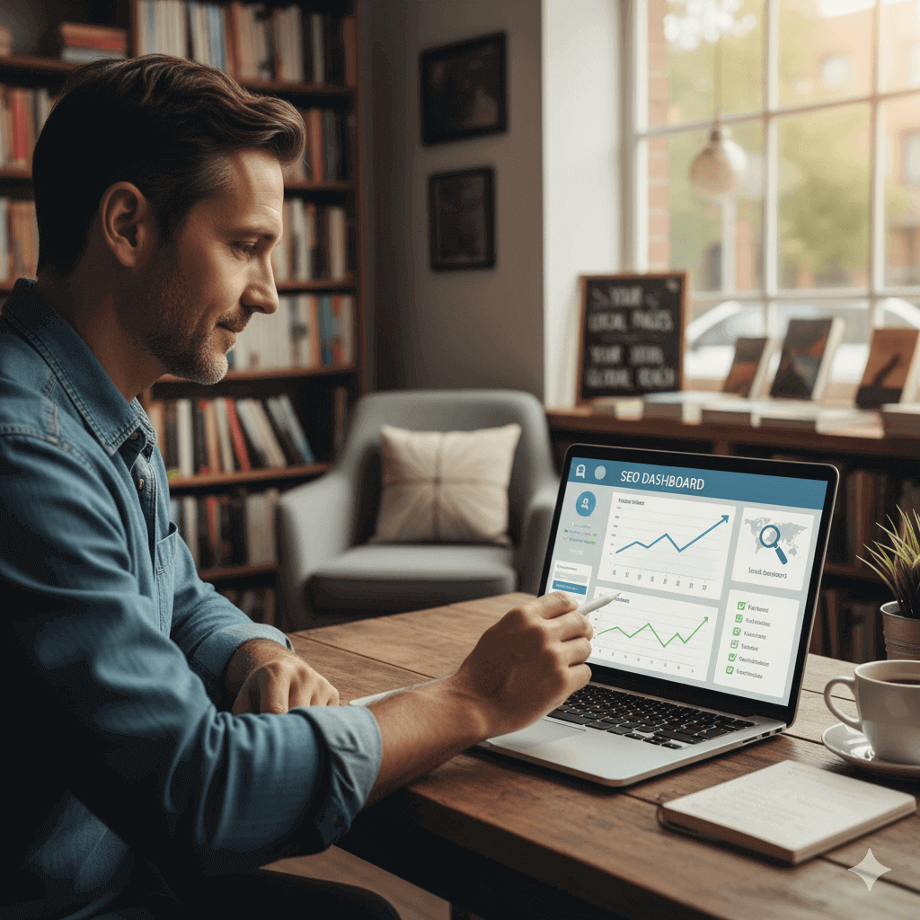 Small business owner using search engine optimization services for small business to increase website traffic