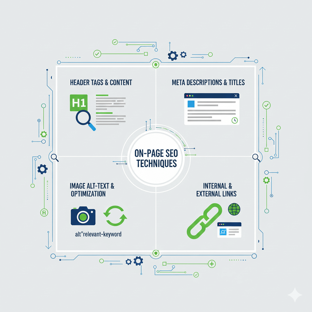 Infographic showing a 15-step on-page SEO techniques checklist for website optimization.